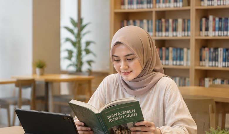 Pengunjung membaca buku Manajemen Rumah Sakit di ruang baca perpustakaan